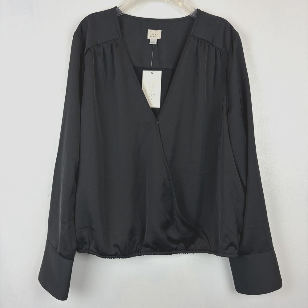 A New Day Satin Blouse Top Womens Large Black Cross Front Faux Wrap Silky New